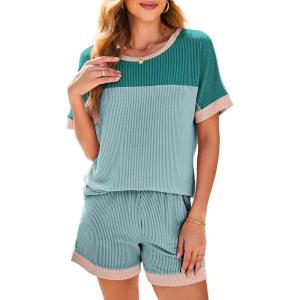 imageDokotoo Womens 2 Piece Outfits Loungewear Colorblock Short Sleeve Womens Tops Elastic Waist Shorts Ribbed Knited SetsGreen