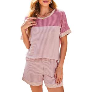 imageDokotoo Womens 2 Piece Outfits Loungewear Colorblock Short Sleeve Womens Tops Elastic Waist Shorts Ribbed Knited SetsPink