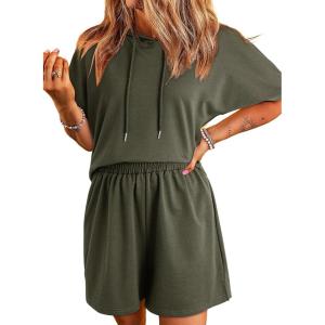 imageDokotoo Womens 2 Piece Outfits Summer Sweatsuit Short Sleeve Drawstring Hoodies and Lounge Sets With PocketFern Green