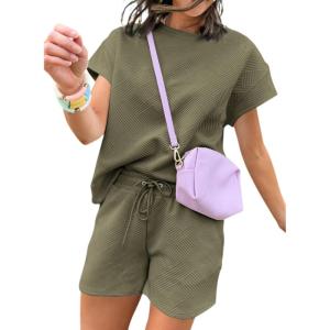 imageDokotoo Womens 2 Piece Outfits Sweatsuit Casual Short Sleeve Pullover Tops and Drawstring Shorts Pants Lounge SetsAmoss Green