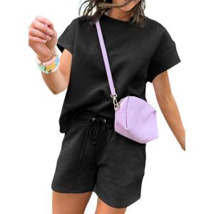 imageDokotoo Womens 2 Piece Outfits Sweatsuit Casual Short Sleeve Pullover Tops and Drawstring Shorts Pants Lounge SetsBlack