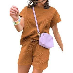 imageDokotoo Womens 2 Piece Outfits Sweatsuit Casual Short Sleeve Pullover Tops and Drawstring Shorts Pants Lounge SetsChestnut