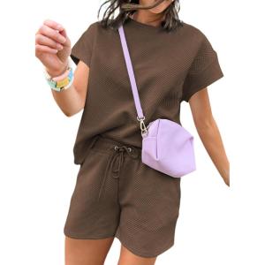 imageDokotoo Womens 2 Piece Outfits Sweatsuit Casual Short Sleeve Pullover Tops and Drawstring Shorts Pants Lounge SetsCoffee