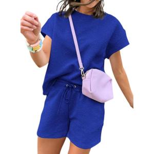 imageDokotoo Womens 2 Piece Outfits Sweatsuit Casual Short Sleeve Pullover Tops and Drawstring Shorts Pants Lounge SetsDark Blue