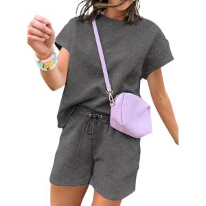 imageDokotoo Womens 2 Piece Outfits Sweatsuit Casual Short Sleeve Pullover Tops and Drawstring Shorts Pants Lounge SetsDark Grey
