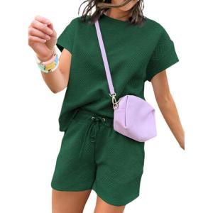 imageDokotoo Womens 2 Piece Outfits Sweatsuit Casual Short Sleeve Pullover Tops and Drawstring Shorts Pants Lounge SetsEvergreen