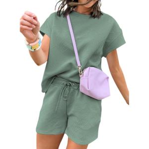 imageDokotoo Womens 2 Piece Outfits Sweatsuit Casual Short Sleeve Pullover Tops and Drawstring Shorts Pants Lounge SetsMineral Blue