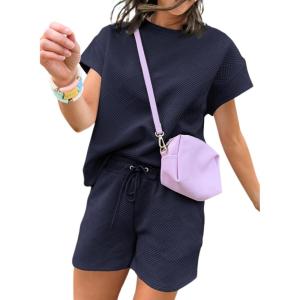 imageDokotoo Womens 2 Piece Outfits Sweatsuit Casual Short Sleeve Pullover Tops and Drawstring Shorts Pants Lounge SetsNavy Blue
