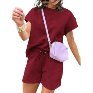 imageDokotoo Womens 2 Piece Outfits Sweatsuit Casual Short Sleeve Pullover Tops and Drawstring Shorts Pants Lounge SetsRed Dahlia