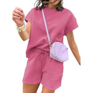 imageDokotoo Womens 2 Piece Outfits Sweatsuit Casual Short Sleeve Pullover Tops and Drawstring Shorts Pants Lounge SetsRose Red