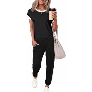 imageDokotoo Womens 2 Piece Outfits Sweatsuit Colorblock Comfy Lounge Sets Knit Short Sleeve Jogger Sweatpants TracksuitsBlack