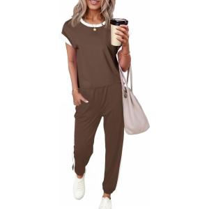 imageDokotoo Womens 2 Piece Outfits Sweatsuit Colorblock Comfy Lounge Sets Knit Short Sleeve Jogger Sweatpants TracksuitsCoffee