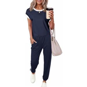 imageDokotoo Womens 2 Piece Outfits Sweatsuit Colorblock Comfy Lounge Sets Knit Short Sleeve Jogger Sweatpants TracksuitsNavy Blue