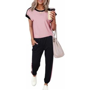 imageDokotoo Womens 2 Piece Outfits Sweatsuit Colorblock Comfy Lounge Sets Knit Short Sleeve Jogger Sweatpants TracksuitsPink