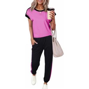 imageDokotoo Womens 2 Piece Outfits Sweatsuit Colorblock Comfy Lounge Sets Knit Short Sleeve Jogger Sweatpants TracksuitsRose Red