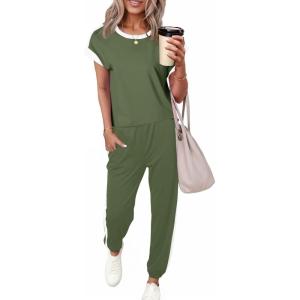 imageDokotoo Womens 2 Piece Outfits Sweatsuit Colorblock Comfy Lounge Sets Knit Short Sleeve Jogger Sweatpants TracksuitsVineyard Green