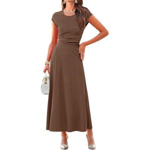 imageDokotoo Womens 2 Piece Summer Outfits Casual Crewneck Short Sleeve Ruched Knit Tops Elastic Waist ALine Midi Skirt SetBrown
