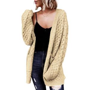 imageDokotoo Womens 2024 Fashion Casual Open Front Long Sleeve Chunky Cable Knit Cardigans Sweaters Outerwear Coats with PocketsBeige