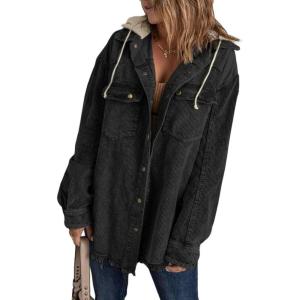 imageDokotoo Womens 2025 Fall Corduroy Shacket Jacket Long Sleeve Button Down Color Block Hooded Coat with PocketsBlack
