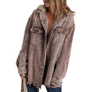 imageDokotoo Womens 2025 Fall Corduroy Shacket Jacket Long Sleeve Button Down Color Block Hooded Coat with PocketsBrown 3