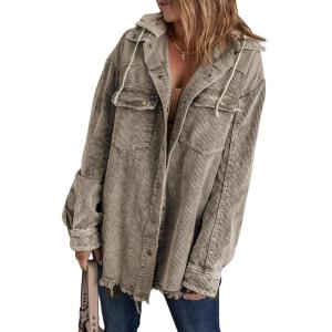 imageDokotoo Womens 2025 Fall Corduroy Shacket Jacket Long Sleeve Button Down Color Block Hooded Coat with PocketsBrown 4