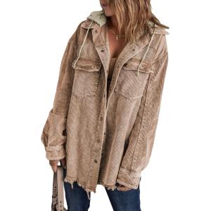 imageDokotoo Womens 2025 Fall Corduroy Shacket Jacket Long Sleeve Button Down Color Block Hooded Coat with PocketsBrown