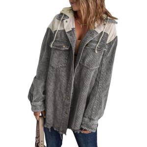 imageDokotoo Womens 2025 Fall Corduroy Shacket Jacket Long Sleeve Button Down Color Block Hooded Coat with PocketsGray 2