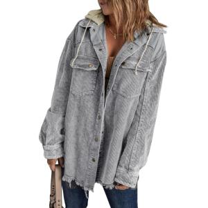 imageDokotoo Womens 2025 Fall Corduroy Shacket Jacket Long Sleeve Button Down Color Block Hooded Coat with PocketsGray 3