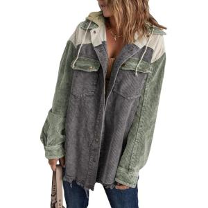 imageDokotoo Womens 2025 Fall Corduroy Shacket Jacket Long Sleeve Button Down Color Block Hooded Coat with PocketsGray