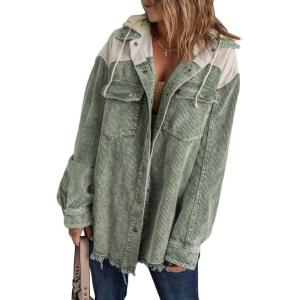 imageDokotoo Womens 2025 Fall Corduroy Shacket Jacket Long Sleeve Button Down Color Block Hooded Coat with PocketsGreen 2