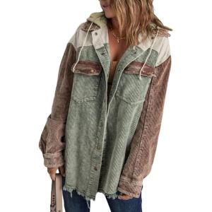 imageDokotoo Womens 2025 Fall Corduroy Shacket Jacket Long Sleeve Button Down Color Block Hooded Coat with PocketsGreen