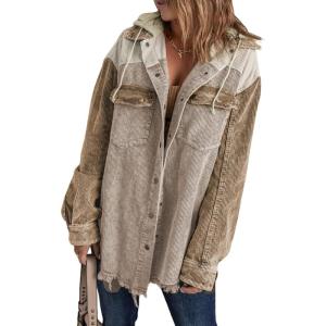 imageDokotoo Womens 2025 Fall Corduroy Shacket Jacket Long Sleeve Button Down Color Block Hooded Coat with PocketsKhaki 2