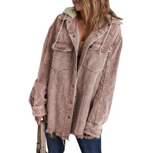 imageDokotoo Womens 2025 Fall Corduroy Shacket Jacket Long Sleeve Button Down Color Block Hooded Coat with PocketsPink 2