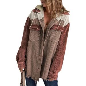 imageDokotoo Womens 2025 Fall Corduroy Shacket Jacket Long Sleeve Button Down Color Block Hooded Coat with PocketsPink