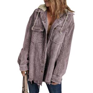 imageDokotoo Womens 2025 Fall Corduroy Shacket Jacket Long Sleeve Button Down Color Block Hooded Coat with PocketsPurple