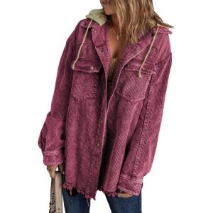 imageDokotoo Womens 2025 Fall Corduroy Shacket Jacket Long Sleeve Button Down Color Block Hooded Coat with PocketsRed 2