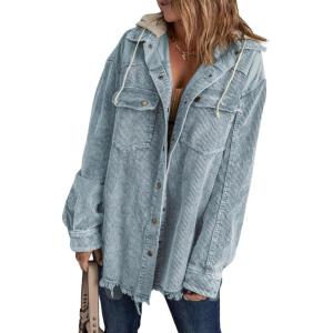 imageDokotoo Womens 2025 Fall Corduroy Shacket Jacket Long Sleeve Button Down Color Block Hooded Coat with PocketsSky Blue
