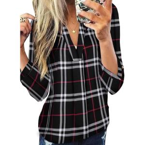imageDokotoo Womens Basic Casual V Neck Plaid Print Cuffed Long Sleeve Work Tops Blouses Shirts S3XLBlack