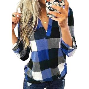imageDokotoo Womens Basic Casual V Neck Plaid Print Cuffed Long Sleeve Work Tops Blouses Shirts S3XLBlue