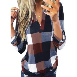 imageDokotoo Womens Basic Casual V Neck Plaid Print Cuffed Long Sleeve Work Tops Blouses Shirts S3XLBrown 2
