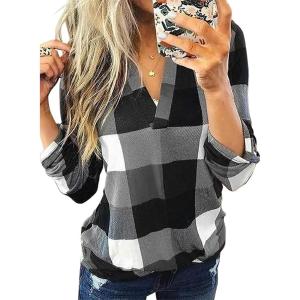 imageDokotoo Womens Basic Casual V Neck Plaid Print Cuffed Long Sleeve Work Tops Blouses Shirts S3XLGray