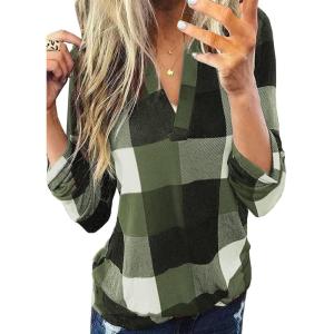 imageDokotoo Womens Basic Casual V Neck Plaid Print Cuffed Long Sleeve Work Tops Blouses Shirts S3XLGreen 2