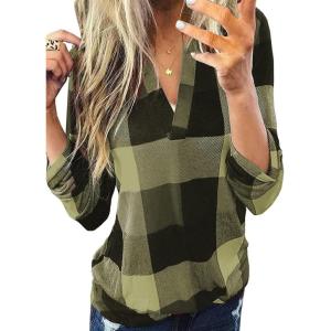 imageDokotoo Womens Basic Casual V Neck Plaid Print Cuffed Long Sleeve Work Tops Blouses Shirts S3XLGreen 3