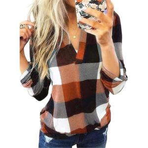 imageDokotoo Womens Basic Casual V Neck Plaid Print Cuffed Long Sleeve Work Tops Blouses Shirts S3XLOrange