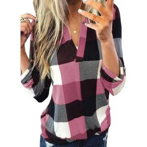 imageDokotoo Womens Basic Casual V Neck Plaid Print Cuffed Long Sleeve Work Tops Blouses Shirts S3XLPink