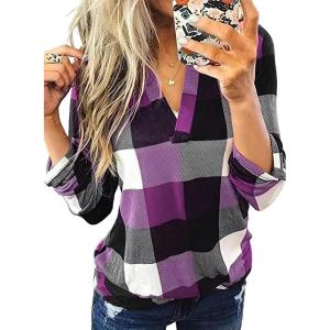 imageDokotoo Womens Basic Casual V Neck Plaid Print Cuffed Long Sleeve Work Tops Blouses Shirts S3XLPurple