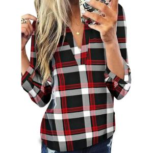 imageDokotoo Womens Basic Casual V Neck Plaid Print Cuffed Long Sleeve Work Tops Blouses Shirts S3XLRed 3