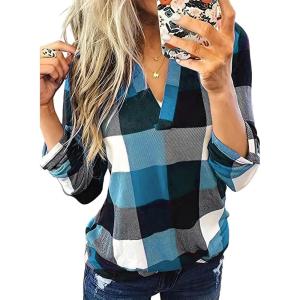 imageDokotoo Womens Basic Casual V Neck Plaid Print Cuffed Long Sleeve Work Tops Blouses Shirts S3XLSky Blue