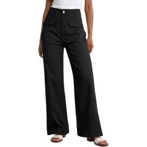 imageDokotoo Womens Cargo Pants Women Baggy Wide Leg High Waist Casual Pants Jean Stretch PantsA Black