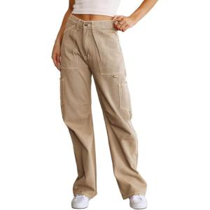 imageDokotoo Womens Cargo Pants Women Baggy Wide Leg High Waist Casual Pants Jean Stretch PantsA Khaki
